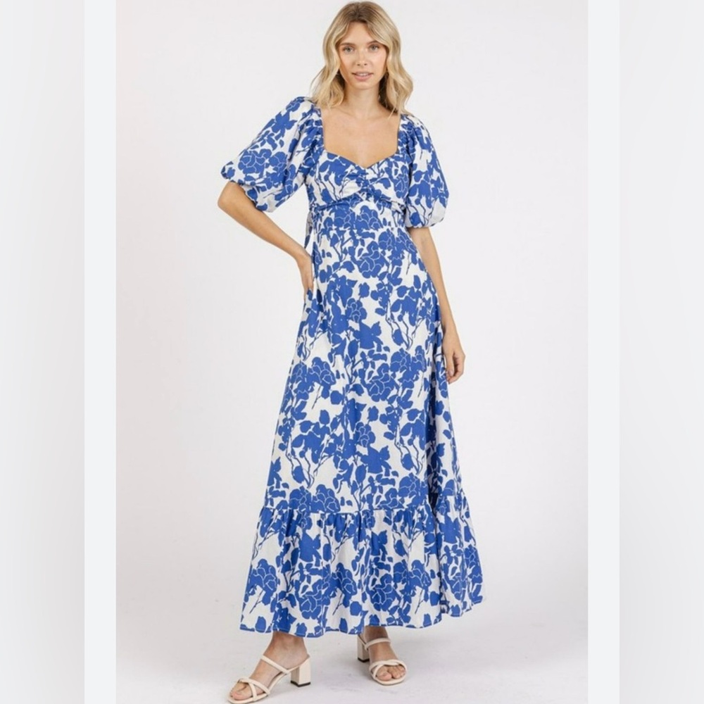 Blue Floral Midi Dress with Puff Sleeves